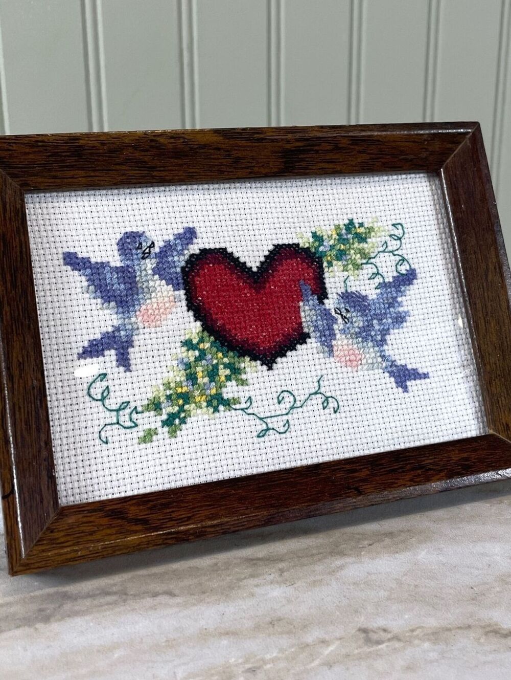Vintage Framed Needlepoint Heart and Birds